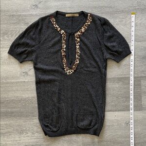 Blumarine Gray Short Sleeve Sweater with Sequin Detail